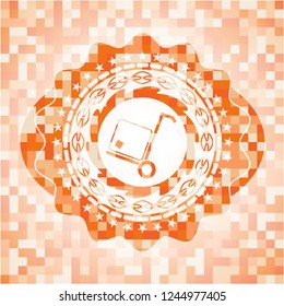cargo icon inside abstract emblem, orange mosaic background