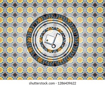 cargo icon inside arabesque badge background. arabic decoration.
