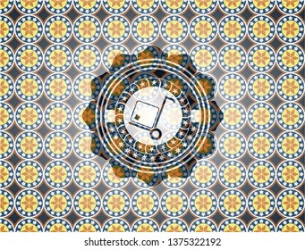 cargo icon inside arabic emblem background. Arabesque decoration.