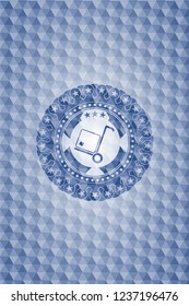 cargo icon inside blue emblem or badge with abstract geometric pattern background.