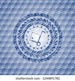 cargo icon inside blue emblem or badge with geometric pattern background.