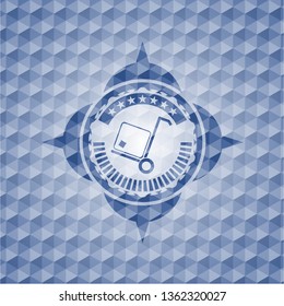 cargo icon inside blue emblem or badge with abstract geometric polygonal pattern background.
