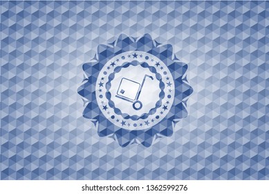 cargo icon inside blue emblem with geometric pattern background.