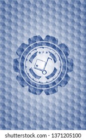 cargo icon inside blue emblem or badge with abstract geometric polygonal pattern background.