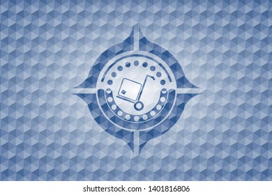 cargo icon inside blue emblem or badge with geometric pattern background.