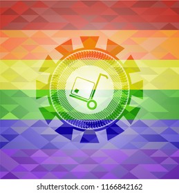 cargo icon inside emblem on mosaic background with the colors of the LGBT flag