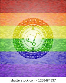 cargo icon inside emblem on mosaic background with the colors of the LGBT flag