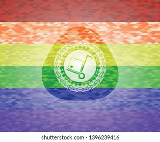 cargo icon inside emblem on mosaic background with the colors of the LGBT flag