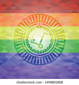 cargo icon inside emblem on mosaic background with the colors of the LGBT flag