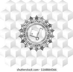 cargo icon inside grey badge with geometric cube white background