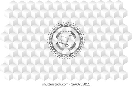cargo icon inside grey badge with geometric cube white background