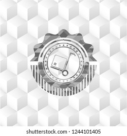 cargo icon inside grey emblem. Retro with geometric cube white background