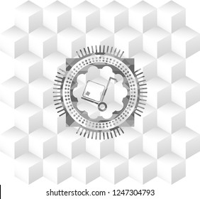 cargo icon inside grey icon or emblem with geometric cube white background