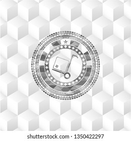 cargo icon inside grey icon or emblem with geometric cube white background