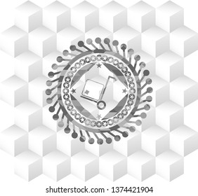 cargo icon inside grey emblem. Vintage with geometric cube white background