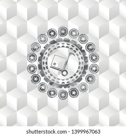 cargo icon inside grey emblem. Retro with geometric cube white background