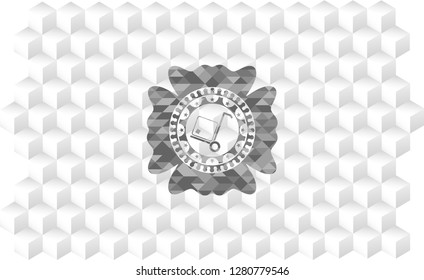 cargo icon inside realistic grey emblem with geometric cube white background