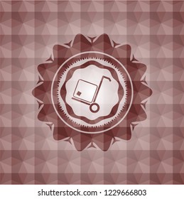 cargo icon inside red emblem with geometric pattern. Seamless.