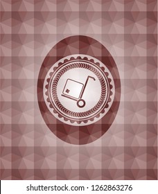cargo icon inside red seamless emblem with geometric pattern.