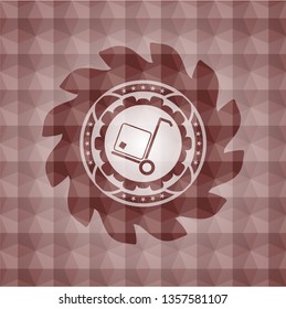 cargo icon inside red seamless emblem or badge with geometric pattern background.