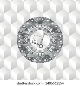 cargo icon inside retro style grey emblem with geometric cube white background