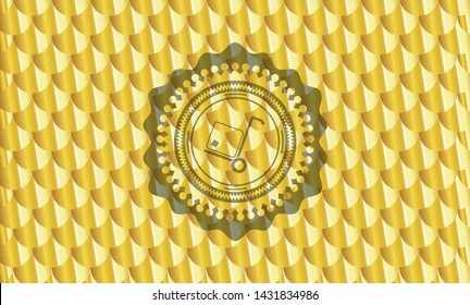 cargo icon inside shiny golden badge. Scales pattern. Vector Illustration. Detailed.
