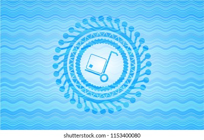 cargo icon inside sky blue water wave emblem background.