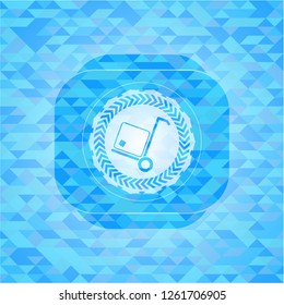 cargo icon inside sky blue emblem with mosaic background