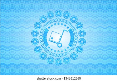 cargo icon inside sky blue water wave emblem background.