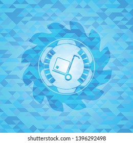 cargo icon inside sky blue emblem. Mosaic background