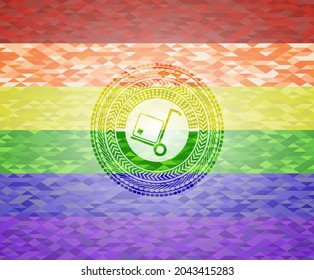 icono de carga sobre fondo de mosaico con los colores de la bandera LGBT. 