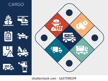 cargo icon set. 13 filled cargo icons. Included Delivery truck, Van, Helicopter, Package, Crane, Delivery, Trailer, Shipping, Truck icons