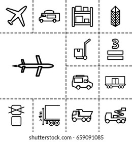 Cargo icon. set of 13 outline cargoicons such as truck, crane, van, cargo only in box allowed, 3 allowed, plane