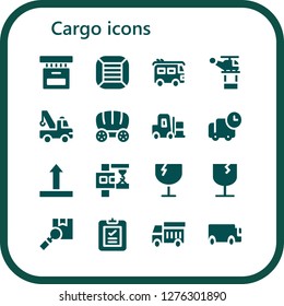  cargo icon set. 16 filled cargo icons. Simple modern icons about  - Box, Boxes, Van, Helicopter, Crane, Wagon, Forklift, Delivery, Side up, Fragile, Package, Garbage truck, Cargo truck