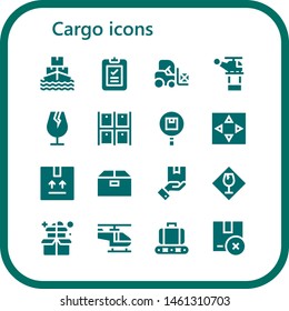 cargo icon set. 16 filled cargo icons.  Collection Of - Ship, Delivery, Forklift, Helicopter, Fragile, Warehouse, Package, Move, Box, Conveyor