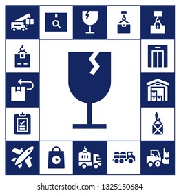 cargo icon set. 17 filled cargo icons.  Simple modern icons about  - Crane, Package, Fragile, Delivery, Lift, Plane, Delivery truck, Truck, Forklift
