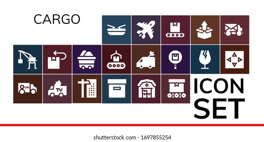 cargo icon set. 19 filled cargo icons.  Simple modern icons such as: Boat, Crane, Van, Box, Warehouse, Conveyor, Package, Wagon, Fragile, Move, Plane, Mail truck