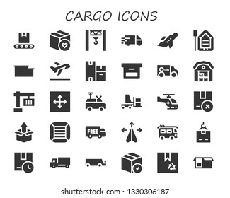 Cargo Icon Set. 30 Filled Cargo Icons.  Collection Of - Conveyor, Package, Crane, Delivery Truck, Aeroplane, Boat, Warehouse, Take Off, Boxes, Box, Van, Move, Forklift, Helicopter