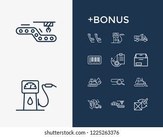 Cargo icon set and bulldozer with dump truck, passenger seats and search box. Waiting area related cargo icon vector for web UI logo design.