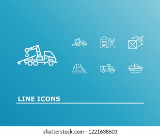 Cargo icon set and bulldozer with rubber boat, towing truck and dump truck. Tipper related cargo icon vector for web UI logo design.