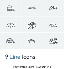 Cargo icon set and campervan with bulldozer, speedometer and taxi. Rally related cargo icon vector for web UI logo design.