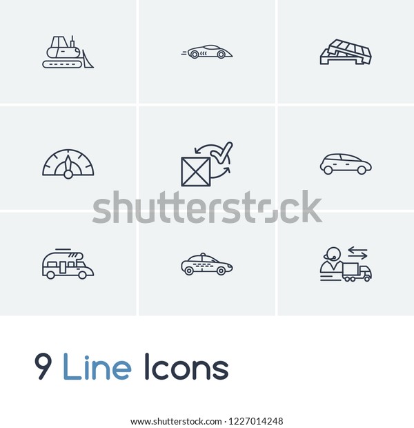 Cargo
icon set and campervan with bulldozer, speedometer and taxi. Rally
related cargo icon vector for web UI logo
design.