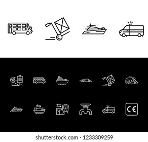 Cargo icon set and campervan with double decker bus, yacht and gasoline pipe. Transportation related cargo icon vector for web UI logo design.