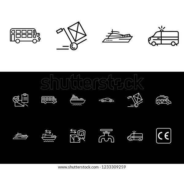 Cargo icon set and campervan with double decker\
bus, yacht and gasoline pipe. Transportation related cargo icon\
vector for web UI logo\
design.