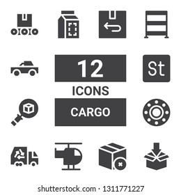 cargo icon set. Collection of 12 filled cargo icons included Package, Helicopter, Truck, Transport, Stock, Rack, Pick up, Conveyor, Return