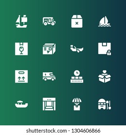 cargo icon set. Collection of 16 filled cargo icons included Boat, Delivery, Conveyor, Package, Truck, Box, Sail boat, Mail truck, Ship