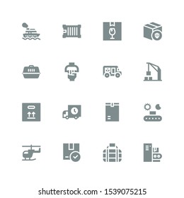 cargo icon set. Collection of 16 filled cargo icons included Conveyor, Transport, Package, Helicopter, Delivery truck, Box, Harbor crane, Mail truck, Handle, Carrier, Container
