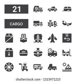cargo icon set. Collection of 21 filled cargo icons included Ship, Delivery truck, Mail truck, Package, Transport, Forklift, Carrier, Box, Return, Airplane, Boat, Truck, Trailer