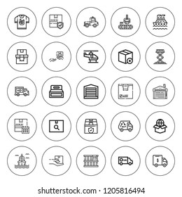 Cargo icon set. collection of 25 outline cargo icons with boat, box, delivery, conveyor, delivery truck, helicopter, lift, merchandise, package icons. editable icons.