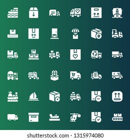cargo icon set. Collection of 36 filled cargo icons included Conveyor, Package, Helicopter, Boating, Box, Shipping, Van, Sail boat, Boat, Truck, Delivery truck, Garbage truck